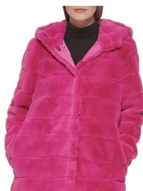 Kenneth Cole Snap Front Closure Grooved Faux Fur Hooded Coat - Pink